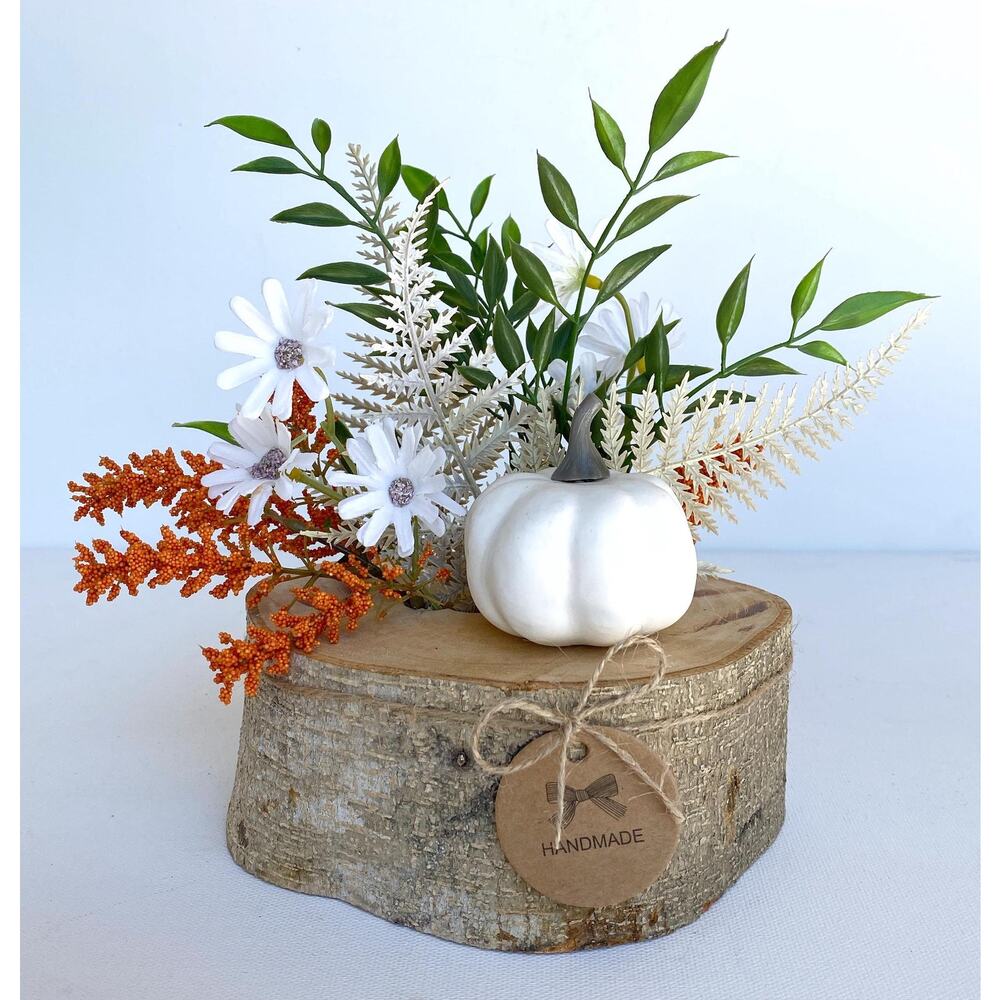 Faux Fall Centerpiece Flower Arrangement in Wood Log Branch